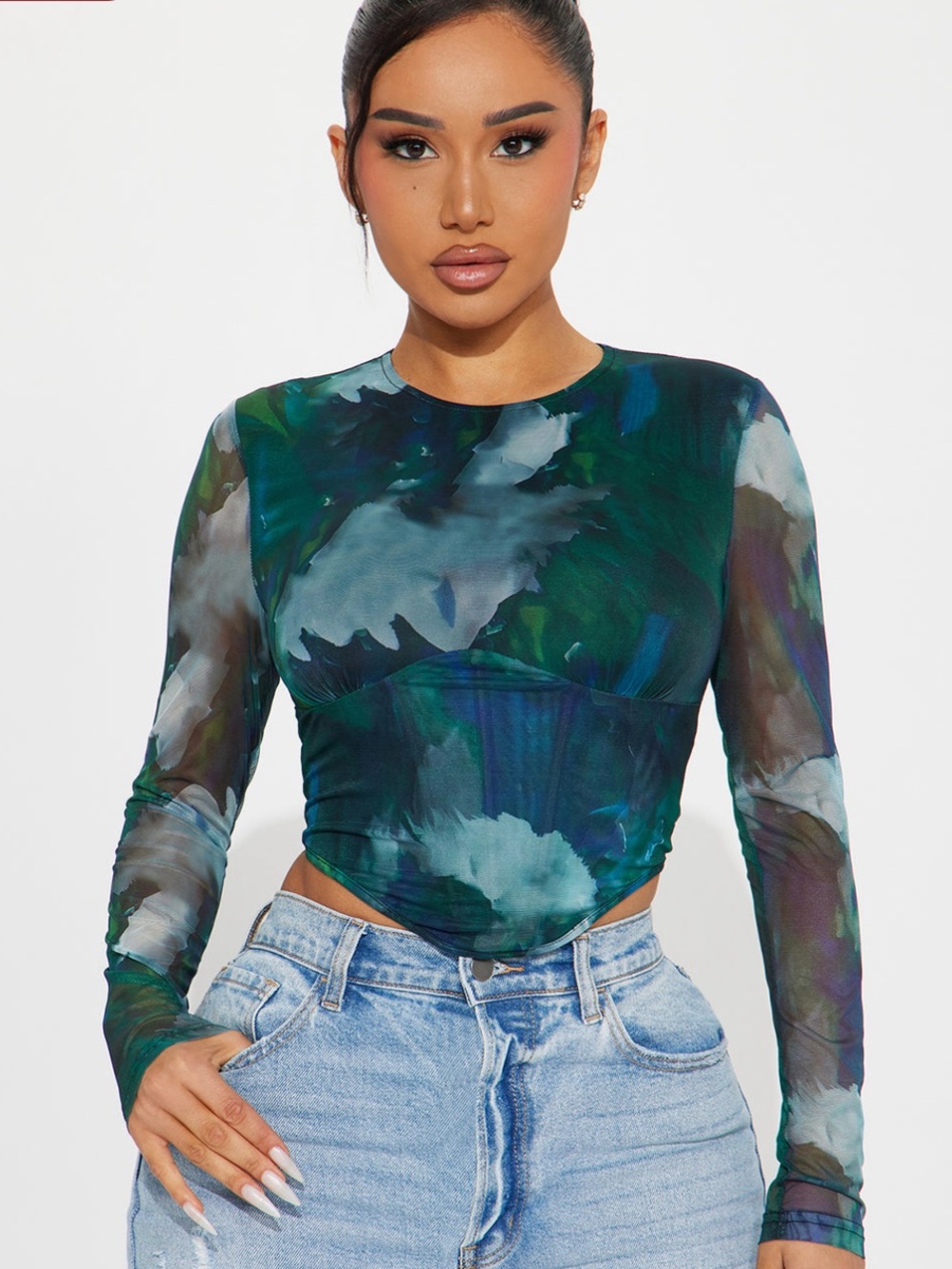 Fashion Nova Green & Teal Mesh Corset Long Sleeve Top